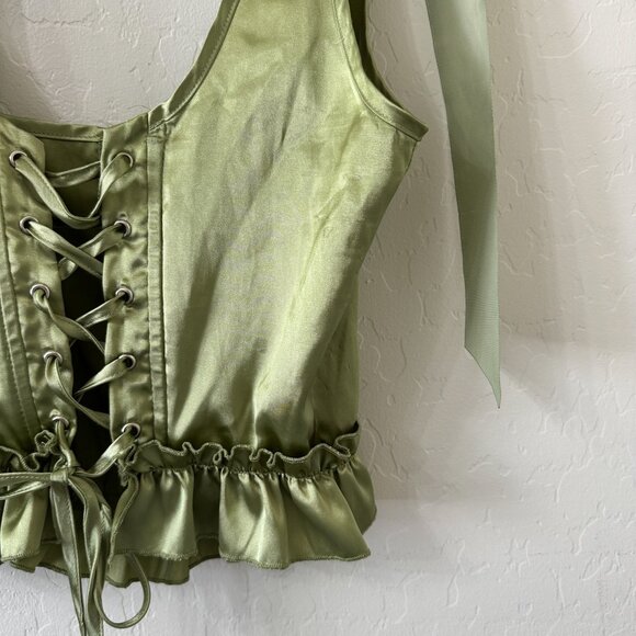 Lime Green Satin Tie Shoulder Lace Up Corset - Picture 5 of 9
